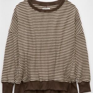 American Eagle Outfitters Brown and Cream Striped Crew Neck Sweater
